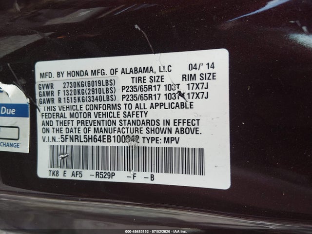 Продажа на аукционе авто 2014 Honda Odyssey Ex-l, vin: 5FNRL5H64EB100342, номер лота: 45483152