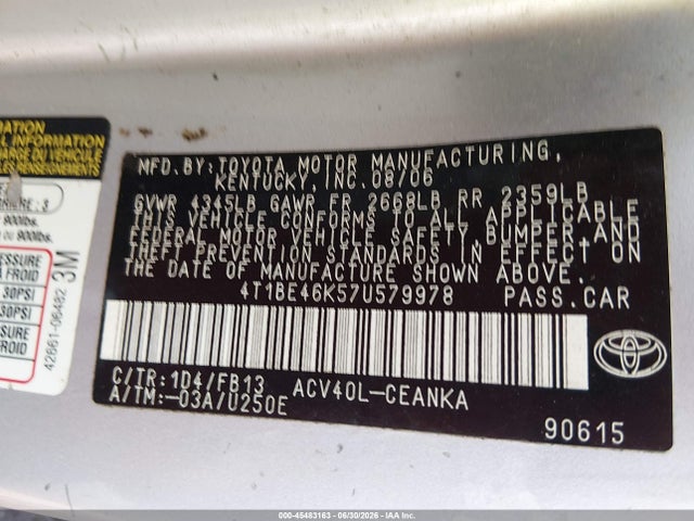 Aukcja sprzedaży 2007 Toyota Camry Le, vin: 4T1BE46K57U579978, numer aukcji: 45483163