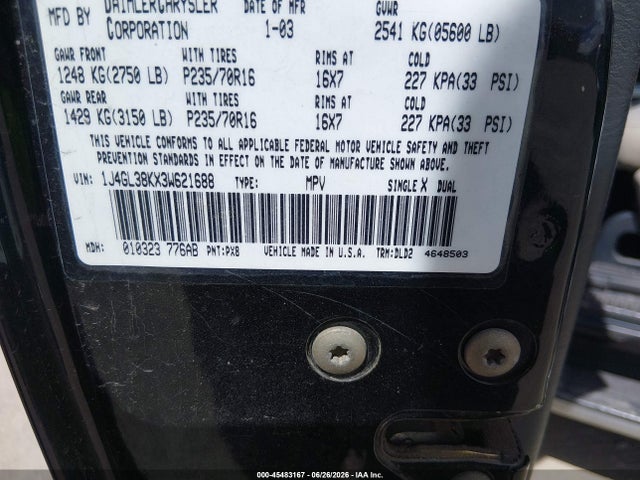 45483167 :رقم المزاد ، 1J4GL38KX3W621688 vin ، 2003 Jeep Liberty Renegade مزاد بيع