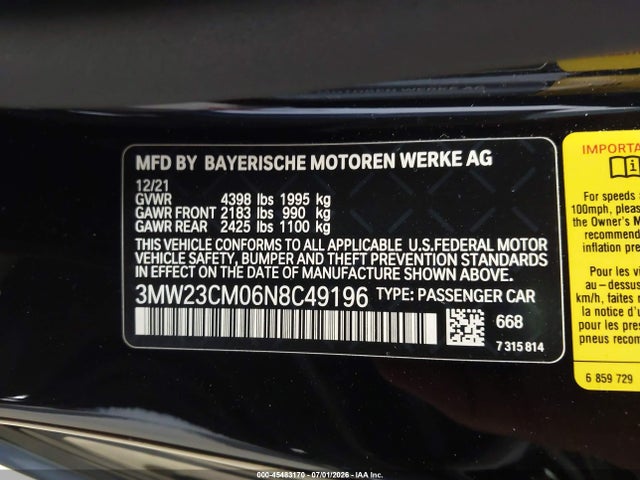 Aukcja sprzedaży 2022 Bmw 230 I, vin: 3MW23CM06N8C49196, numer aukcji: 45483170