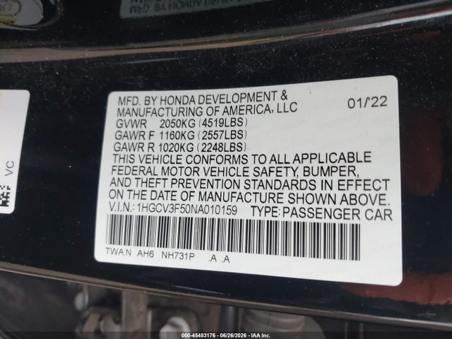1HGCV3F50NA010159 Honda Accord Hybrid Ex-l