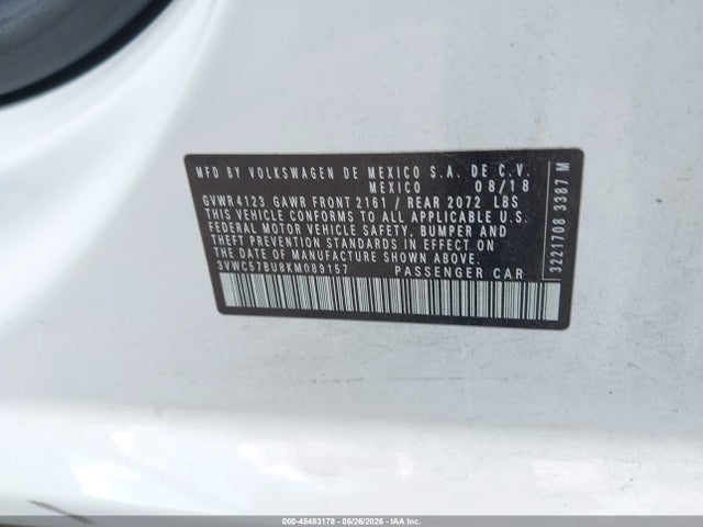 Продаж на аукціоні авто 2019 Volkswagen Jetta 1.4t R-line/1.4t S/1.4t Se, vin: 3VWC57BU8KM089157, номер лоту: 45483178