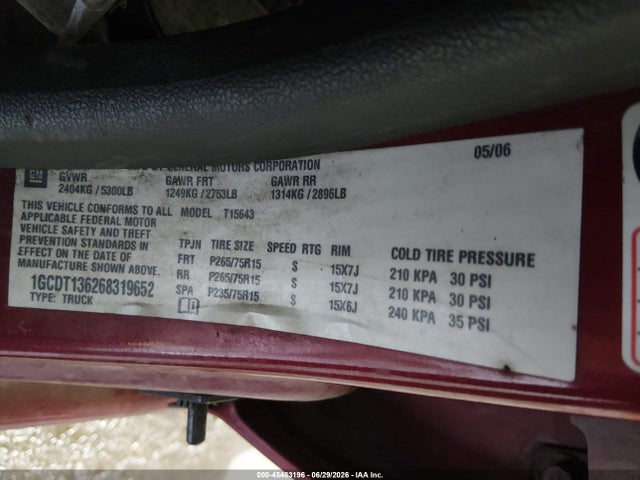 Aukcja sprzedaży 2006 Chevrolet Colorado Lt, vin: 1GCDT136268319652, numer aukcji: 45483196