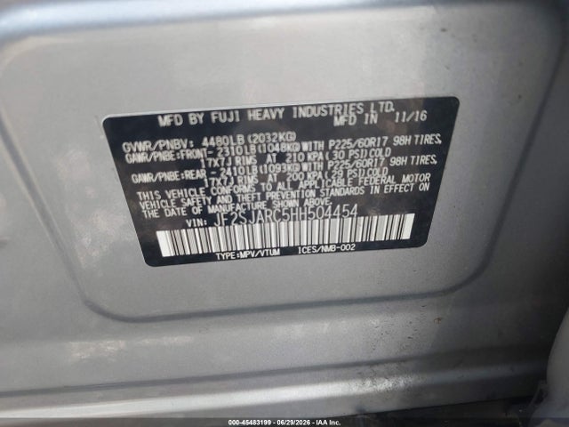 2017 Subaru Forester 2.5i Limited მანქანა იყიდება აუქციონზე, vin: JF2SJARC5HH504454, აუქციონის ნომერი: 45483199
