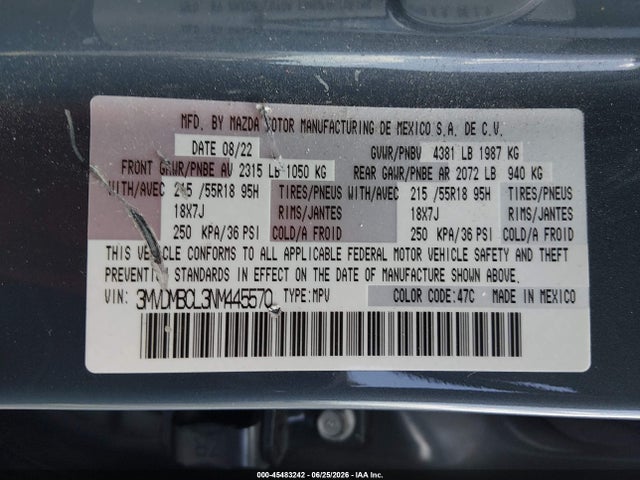 2022 Mazda Cx-30 Carbon Edition მანქანა იყიდება აუქციონზე, vin: 3MVDMBCL3NM445570, აუქციონის ნომერი: 45483242