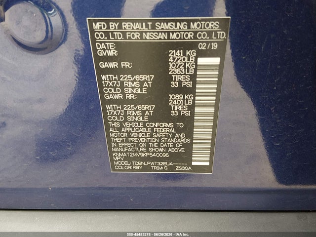2019 Nissan Rogue S მანქანა იყიდება აუქციონზე, vin: KNMAT2MV9KP540096, აუქციონის ნომერი: 45483278