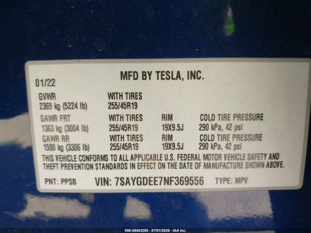 2022 Tesla Model Y Long Range Dual Motor All-wheel Drive მანქანა იყიდება აუქციონზე, vin: 7SAYGDEE7NF369556, აუქციონის ნომერი: 45483285