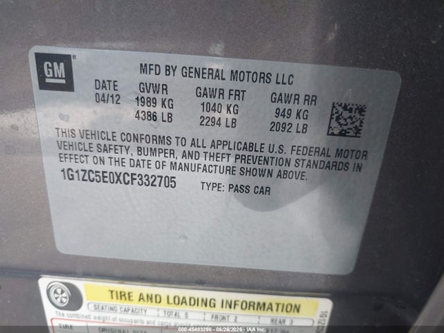 Продажа на аукционе авто 2012 Chevrolet Malibu 1lt, vin: 1G1ZC5E0XCF332705, номер лота: 45483298