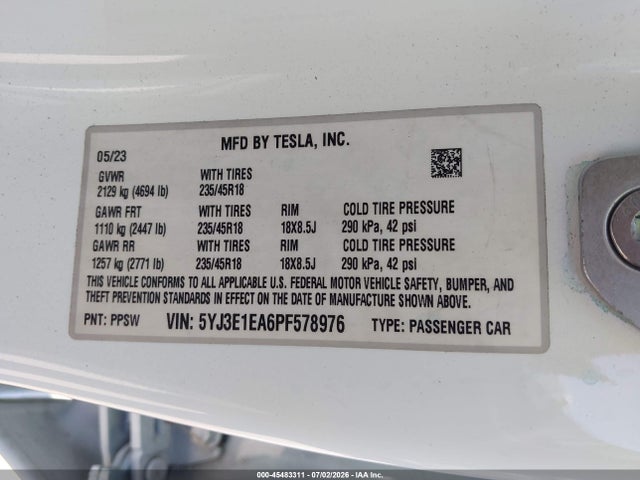 Tesla Model 3 Rear-wheel Drive 2023 5YJ3E1EA6PF578976 Image 9