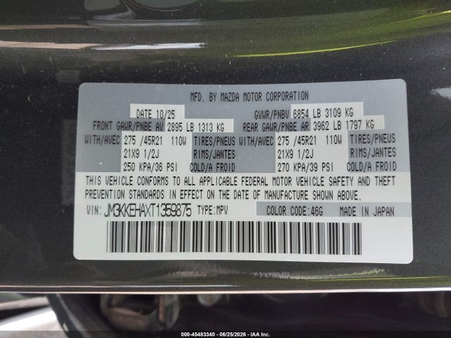 Aukcja sprzedaży 2026 Mazda Cx-90 Phev Premium Plus, vin: JM3KKEHAXT1359875, numer aukcji: 45483340