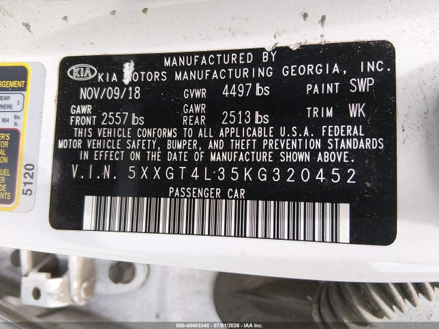 5XXGT4L35KG320452 KIA Optima Lx