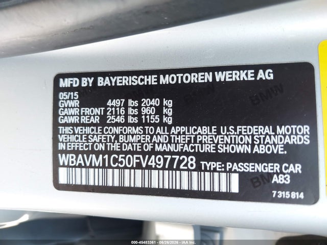 Продаж на аукціоні авто 2015 Bmw X1 Sdrive28i, vin: WBAVM1C50FV497728, номер лоту: 45483361