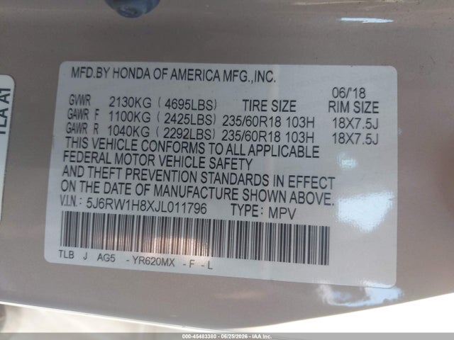 Продаж на аукціоні авто 2018 Honda Cr-v Ex-l/ex-l Navi, vin: 5J6RW1H8XJL011796, номер лоту: 45483380