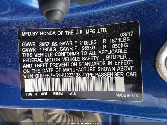 Продаж на аукціоні авто 2017 Honda Civic Ex, vin: SHHFK7H51HU223138, номер лоту: 45483391