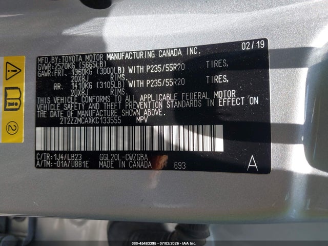 45483395 :رقم المزاد ، 2T2ZZMCAXKC133555 vin ، 2019 Lexus Rx 350 مزاد بيع