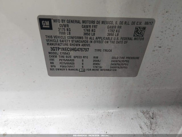 2017 Gmc Sierra 1500 Slt მანქანა იყიდება აუქციონზე, vin: 3GTP1NEC9HG476797, აუქციონის ნომერი: 45483434