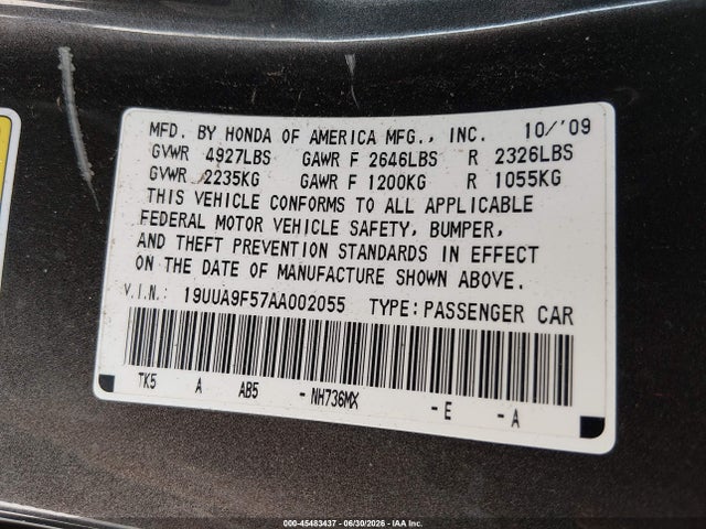 45483437 :رقم المزاد ، 19UUA9F57AA002055 vin ، 2010 Acura Tl 3.7 مزاد بيع