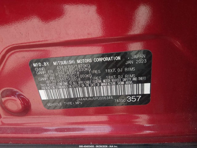 45483455 :رقم المزاد ، JA4ARUAU5PU006344 vin ، 2023 Mitsubishi Outlander Sport 2.0 Es Awc/2.0 Le Awc/2.0 Ralliart Awc/2.0 S Awc/2.0 Se Awc مزاد بيع