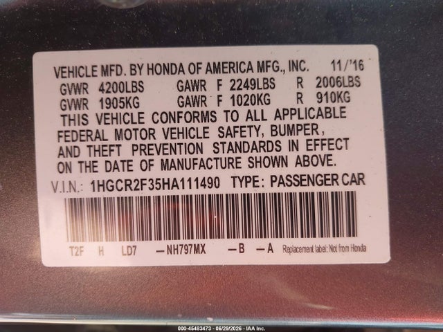 Honda ACCORD LX 2017 1HGCR2F35HA111490 Image 9