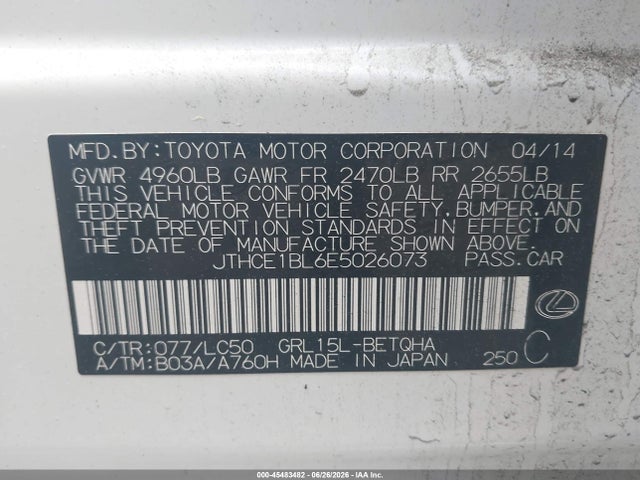45483482 :رقم المزاد ، JTHCE1BL6E5026073 vin ، 2014 Lexus Gs 350 مزاد بيع
