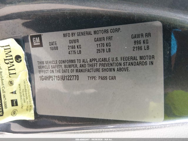 2009 Buick Lucerne Cx მანქანა იყიდება აუქციონზე, vin: 1G4HP57159U122770, აუქციონის ნომერი: 45483487