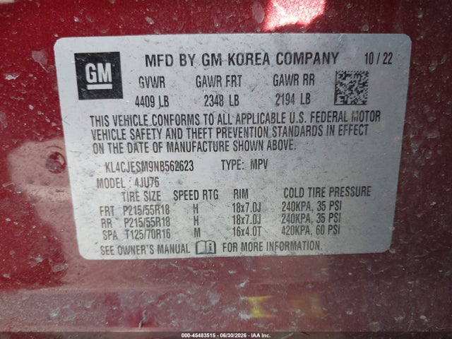 45483515 :رقم المزاد ، KL4CJESM9NB562623 vin ، 2022 Buick Encore Awd Preferred مزاد بيع