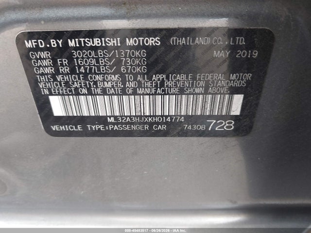 Aukcja sprzedaży 2019 Mitsubishi Mirage Es, vin: ML32A3HJXKH014774, numer aukcji: 45483517
