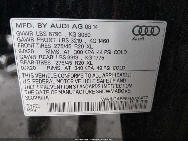 45483563 :رقم المزاد ، WA1LGAFE6FD006477 vin ، 2015 Audi Q7 3.0t Premium مزاد بيع