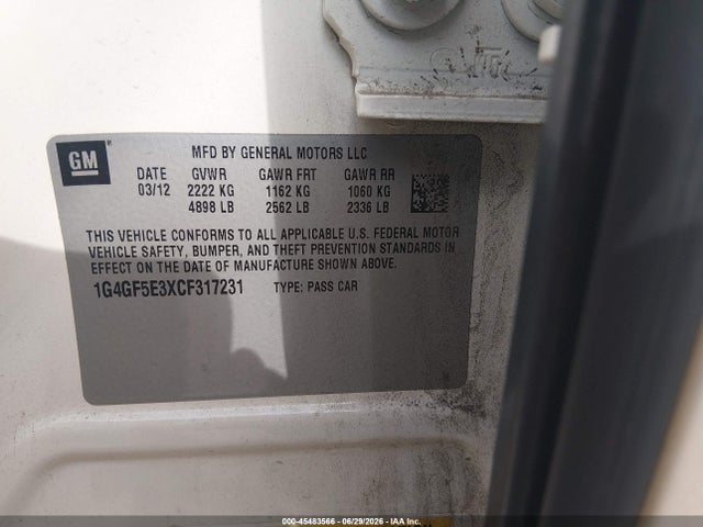 Aukcja sprzedaży 2012 Buick Lacrosse Premium 2 Group, vin: 1G4GF5E3XCF317231, numer aukcji: 45483566