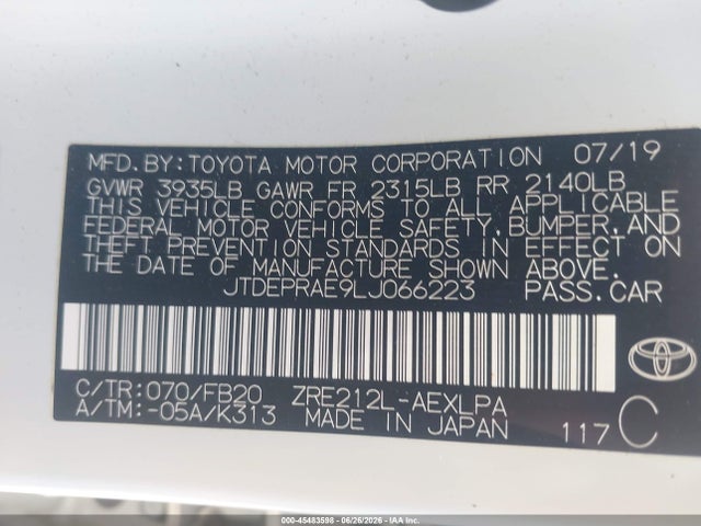 JTDEPRAE9LJ066223 Toyota COROLLA LE