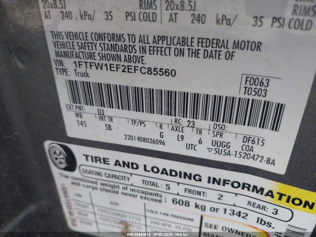 2014 Ford F-150 Fx4/king Ranch/lariat/platinum/stx/xl/xlt მანქანა იყიდება აუქციონზე, vin: 1FTFW1EF2EFC85560, აუქციონის ნომერი: 45483614
