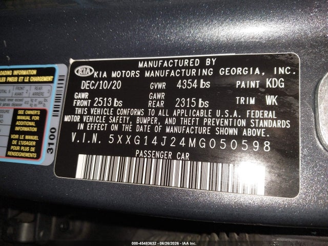 Продаж на аукціоні авто 2021 Kia K5 Lxs, vin: 5XXG14J24MG050598, номер лоту: 45483632