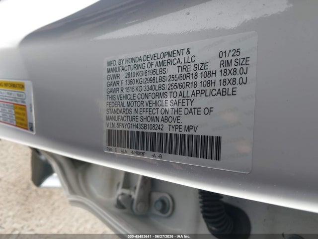2025 Honda Pilot Ex-l მანქანა იყიდება აუქციონზე, vin: 5FNYG1H43SB108242, აუქციონის ნომერი: 45483641
