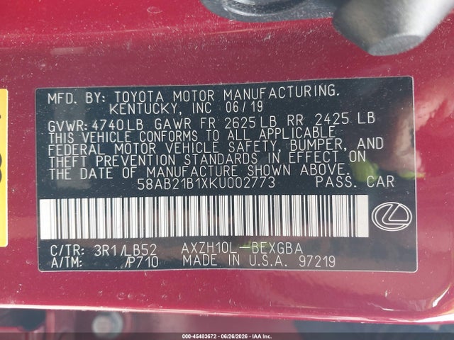 Aukcja sprzedaży 2019 Lexus Es 300h Luxury, vin: 58AB21B1XKU002773, numer aukcji: 45483672