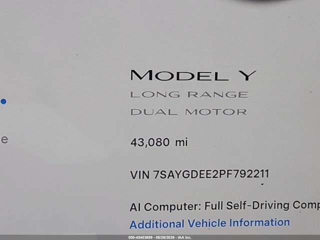 Продаж на аукціоні авто 2023 Tesla Model Y, vin: 7SAYGDEE2PF792211, номер лоту: 45483699