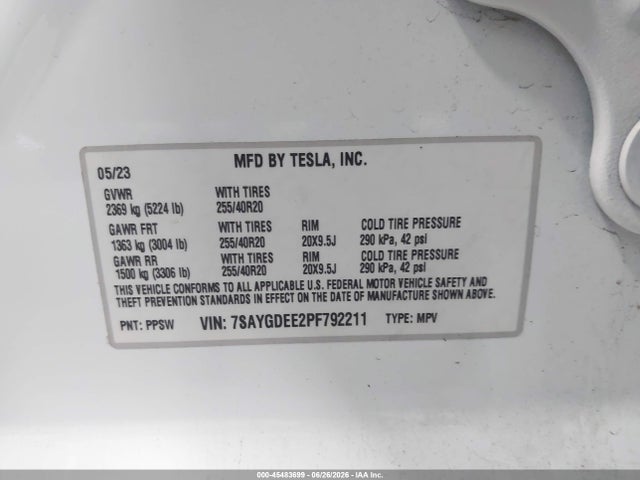 Продаж на аукціоні авто 2023 Tesla Model Y, vin: 7SAYGDEE2PF792211, номер лоту: 45483699