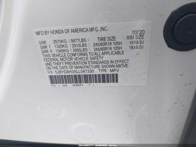 Продаж на аукціоні авто 2020 Acura Mdx Standard, vin: 5J8YD4H3XLL047330, номер лоту: 45483717