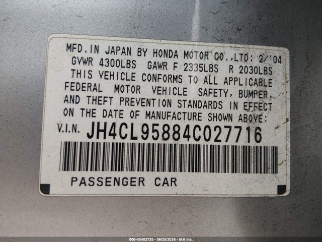 Aukcja sprzedaży 2004 Acura Tsx, vin: JH4CL95884C027716, numer aukcji: 45483725