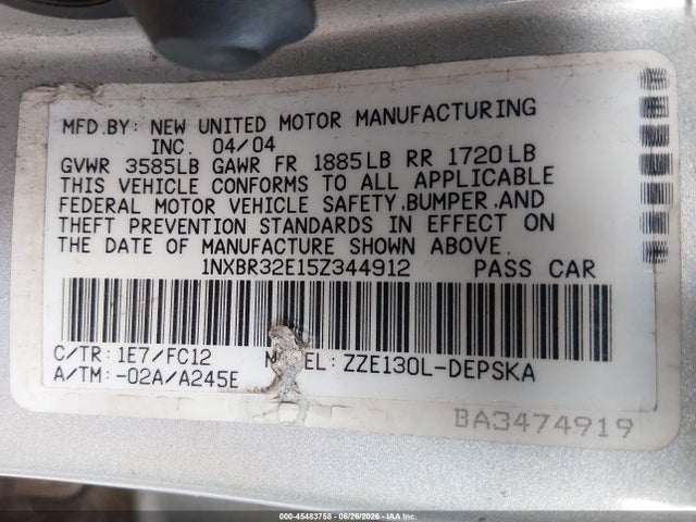 2005 Toyota Corolla S მანქანა იყიდება აუქციონზე, vin: 1NXBR32E15Z344912, აუქციონის ნომერი: 45483758
