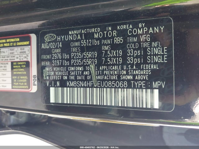 Hyundai Santa Fe Gls 2014 KM8SN4HF9EU085068 Image 9