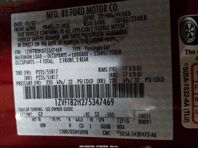 Aukcja sprzedaży 2007 Ford Mustang Gt Deluxe/gt Premium, vin: 1ZVFT82H275347469, numer aukcji: 45483795