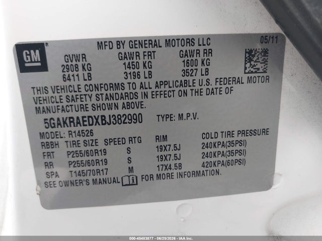 2011 Buick Enclave Cx მანქანა იყიდება აუქციონზე, vin: 5GAKRAEDXBJ382990, აუქციონის ნომერი: 45483877