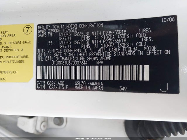 Aukcja sprzedaży 2007 Lexus Rx 350, vin: JTJGK31U670007344, numer aukcji: 45483888
