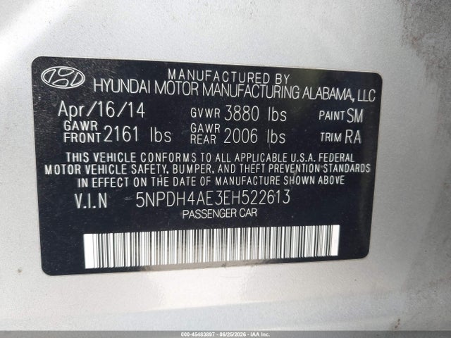 45483897 :رقم المزاد ، 5NPDH4AE3EH522613 vin ، 2014 Hyundai Elantra Se مزاد بيع