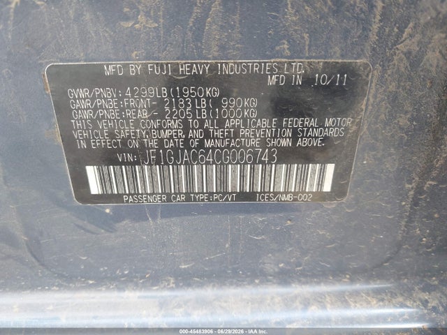 2012 Subaru Impreza 2.0i Premium მანქანა იყიდება აუქციონზე, vin: JF1GJAC64CG006743, აუქციონის ნომერი: 45483906