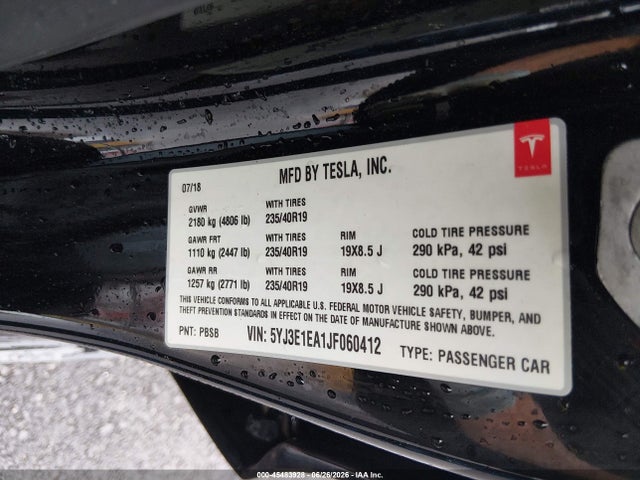 Aukcja sprzedaży 2018 Tesla Model 3 Long Range/mid Range, vin: 5YJ3E1EA1JF060412, numer aukcji: 45483928
