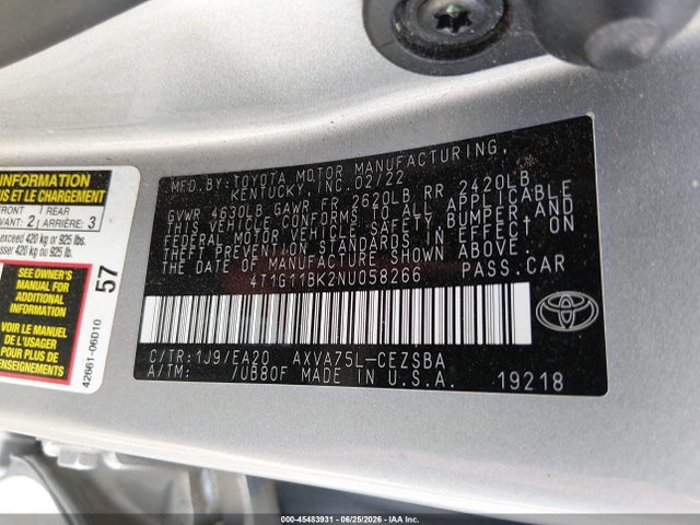 Продаж на аукціоні авто 2022 Toyota Camry Se Awd, vin: 4T1G11BK2NU058266, номер лоту: 45483931