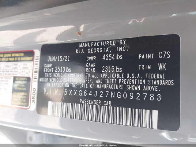 45483952 :رقم المزاد ، 5XXG64J27NG092783 vin ، 2022 Kia K5 Gt-line مزاد بيع