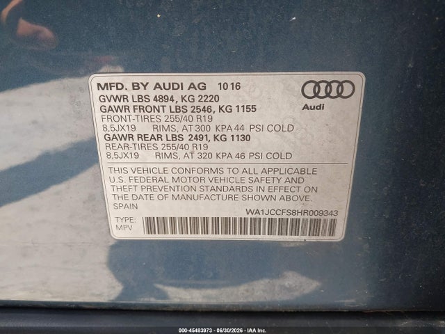 Aukcja sprzedaży 2017 Audi Q3 2.0t Premium, vin: WA1JCCFS8HR009343, numer aukcji: 45483973