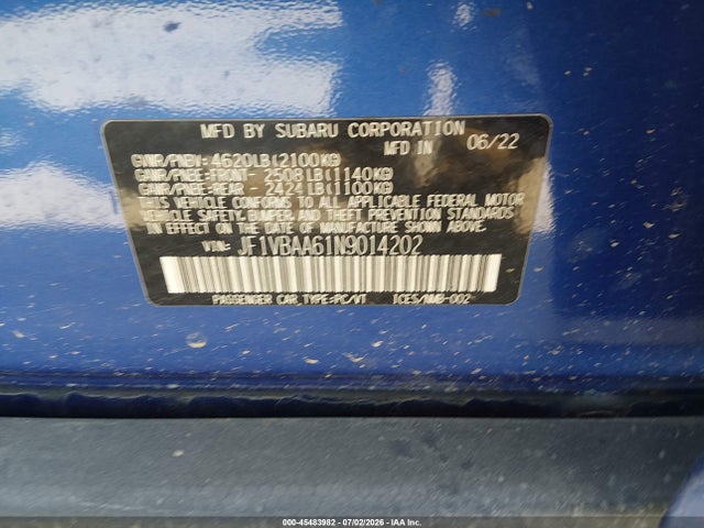 2022 Subaru Wrx მანქანა იყიდება აუქციონზე, vin: JF1VBAA61N9014202, აუქციონის ნომერი: 45483982